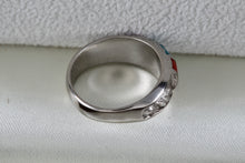 Load image into Gallery viewer, Native American Stainless Steel Turquoise Coral Chip Inlay Mirror Row Band Ring Size 5
