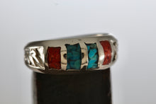 Load image into Gallery viewer, Native American Stainless Steel Turquoise Coral Chip Inlay Mirror Row Band Ring Size 5
