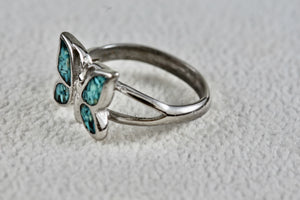 Silver Small Turquoise Chip Inlay Butterfly Ring Size 4.5