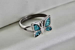 Silver Small Turquoise Chip Inlay Butterfly Ring Size 4.5