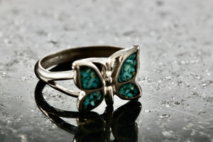 Silver Small Turquoise Chip Inlay Butterfly Ring Size 4.5