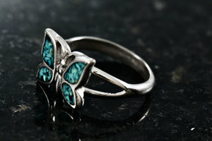 Silver Small Turquoise Chip Inlay Butterfly Ring Size 4.5