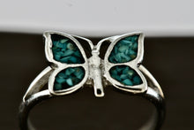 Load image into Gallery viewer, Silver Small Turquoise Chip Inlay Butterfly Ring Size 4.5
