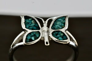 Silver Small Turquoise Chip Inlay Butterfly Ring Size 4.5