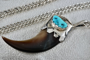 Native American Silver Turquoise Bear Claw Pendant 24" Necklace