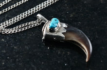 Load image into Gallery viewer, Native American Silver Turquoise Bear Claw Pendant 24&quot; Necklace
