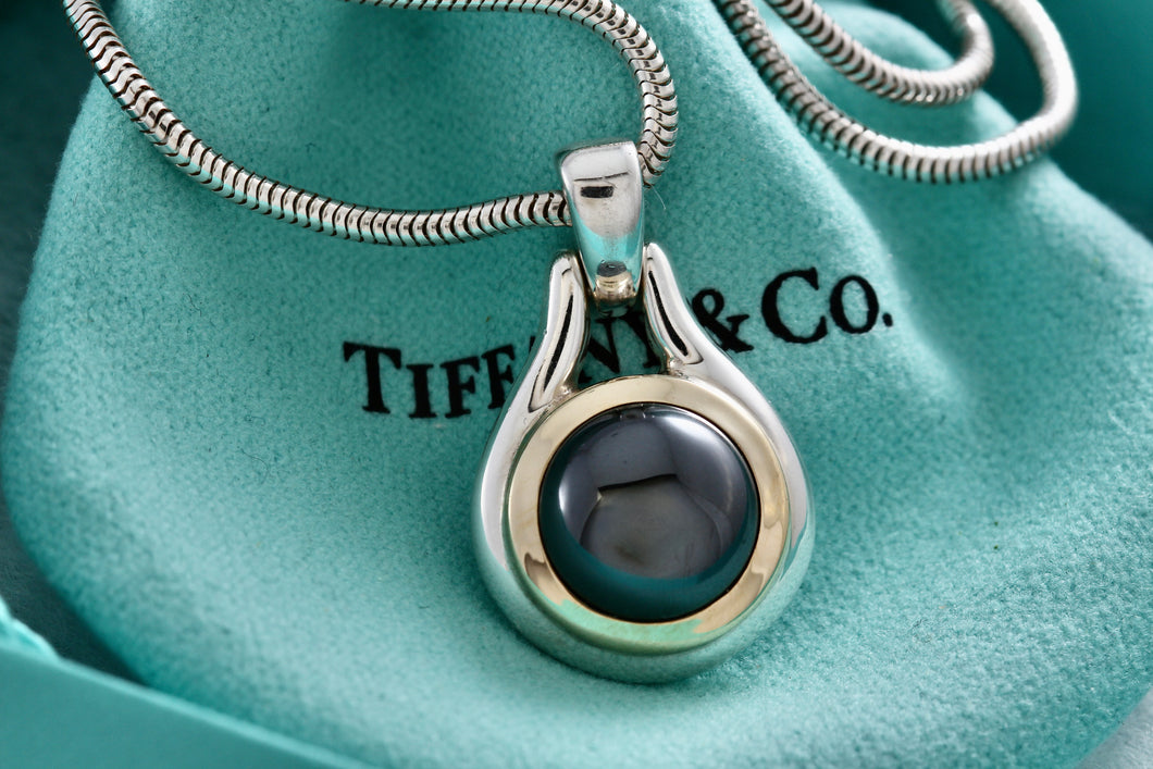 Tiffany & Co. 18K Gold Hematite Round Pendant Snake Chain Necklace