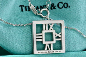 Tiffany & Co. Atlas Silver Roman Numerals Square Pendant Necklace