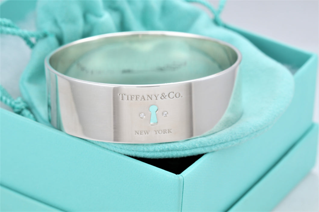 Tiffany & Co. Silver 2 Diamond Keyhole Locks Wide Bangle Bracelet