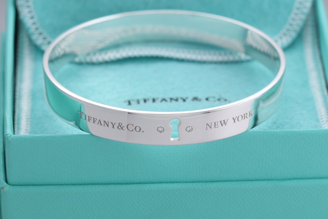 Tiffany & Co. Silver Locks 2 Diamond Keyhole Bangle Bracelet