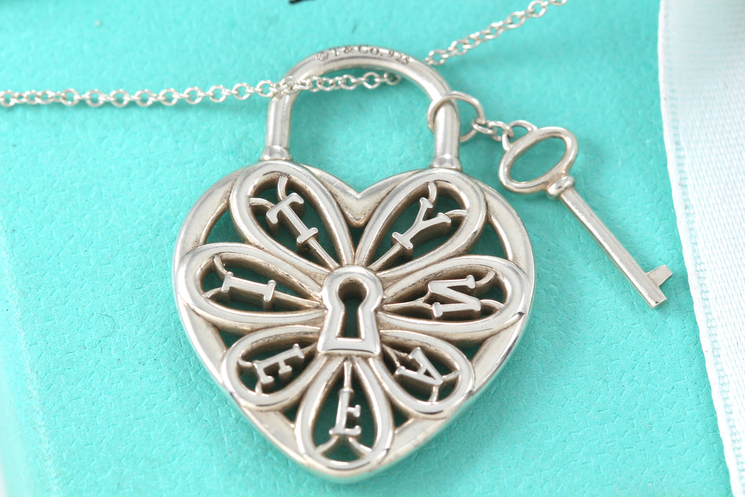 Tiffany & Co. Silver Large Keyhole Heart Filigree & Mini Key Necklace