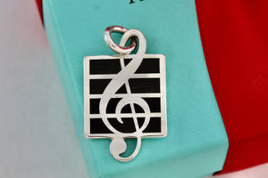 Tiffany & Co. Black Enamel Musical Note Pendant Beaded Chain 34" Necklace