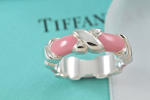 Tiffany & Co. Silver Signature "X" Pink Enamel Band Ring Size 6.5