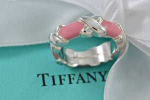 Tiffany & Co. Silver Signature "X" Pink Enamel Band Ring Size 6.5