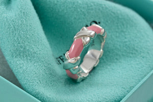 Tiffany & Co. Silver Signature "X" Pink Enamel Band Ring Size 6.5