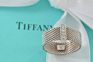 Tiffany & Co. Mesh Silver 4 Row Diamond Firm Band Ring Size 6