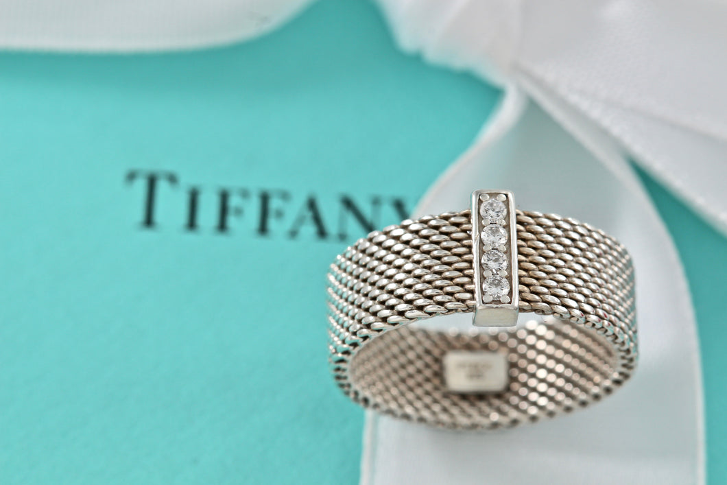 Tiffany & Co. Mesh Silver 4 Row Diamond Firm Band Ring Size 6