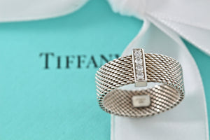 Tiffany & Co. Mesh Silver 4 Row Diamond Firm Band Ring Size 6