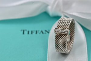 Tiffany & Co. Mesh Silver 4 Row Diamond Firm Band Ring Size 6