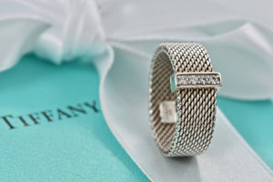 Tiffany & Co. Mesh Silver 4 Row Diamond Firm Band Ring Size 6