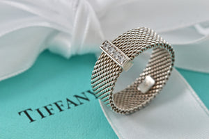 Tiffany & Co. Mesh Silver 4 Row Diamond Firm Band Ring Size 6