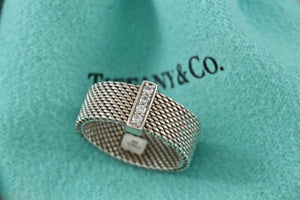 Tiffany & Co. Mesh Silver 4 Row Diamond Firm Band Ring Size 6