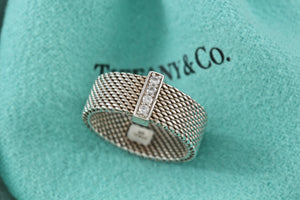 Tiffany & Co. Mesh Silver 4 Row Diamond Firm Band Ring Size 6