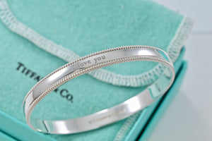 Tiffany & Co. Silver Yours "I Love You" Beaded Edge Bangle