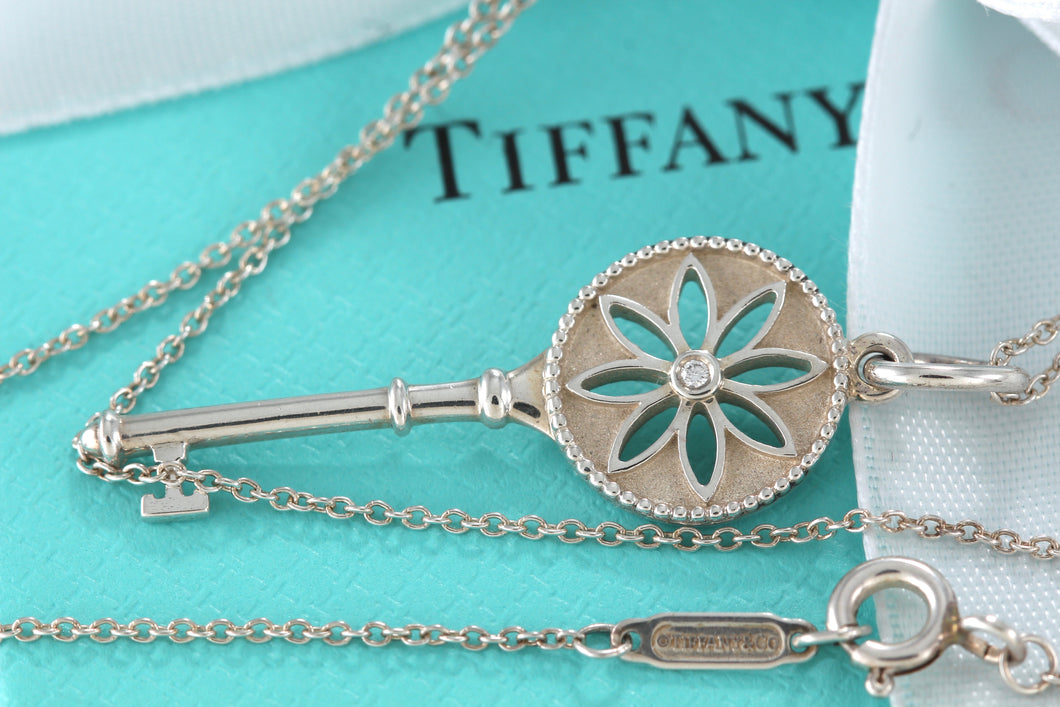 Tiffany & Co. Silver Daisy Flower Diamond Key Necklace