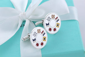 Tiffany & Co. Mens Silver Round Nautical Flag Enamel Cufflinks