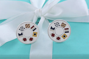 Tiffany & Co. Mens Silver Round Nautical Flag Enamel Cufflinks