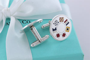 Tiffany & Co. Mens Silver Round Nautical Flag Enamel Cufflinks