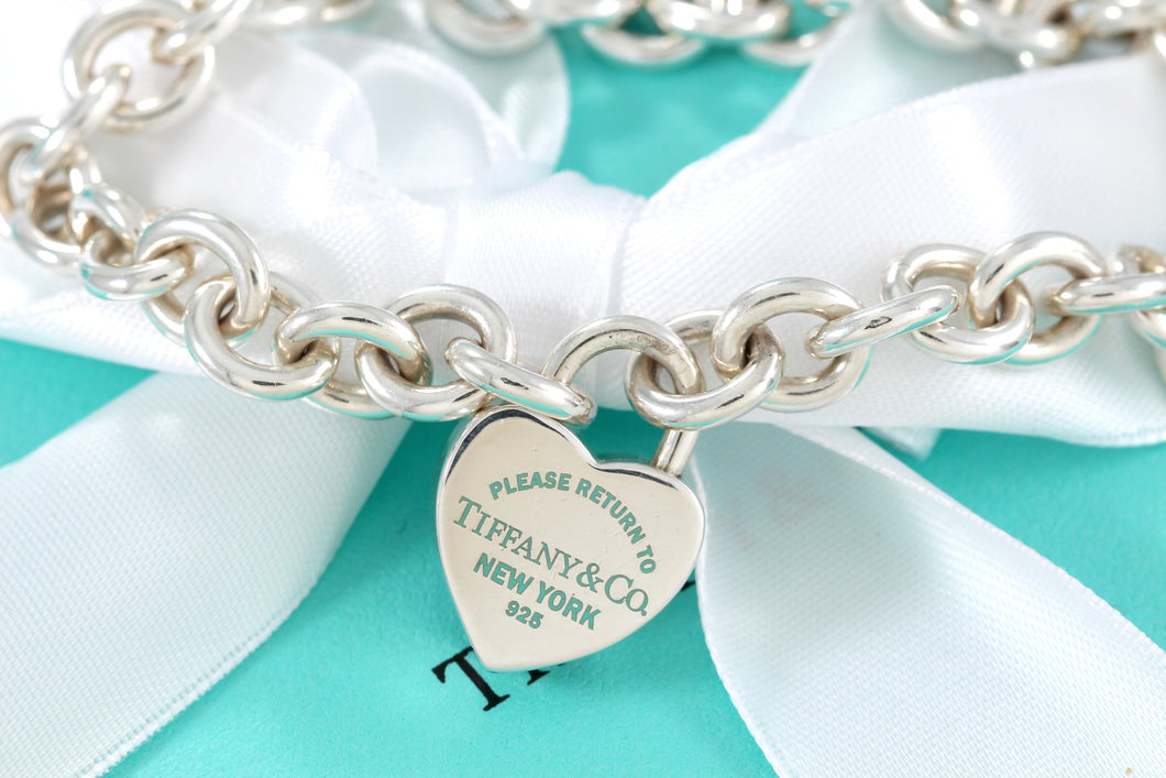 Return To Tiffany & Co. Silver Blue Enamel Lettering Heart Padlock Bracelet