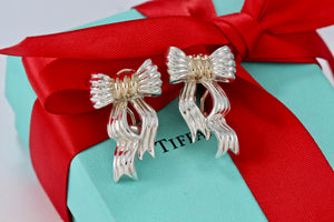 Tiffany & Co. 14K Gold & Silver Large Wavy Bow Ribbon Gold Silver Earrings Vintage