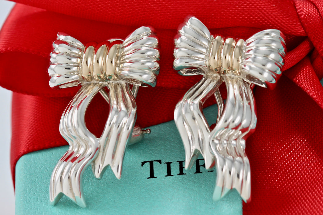 Tiffany & Co. 14K Gold & Silver Large Wavy Bow Ribbon Gold Silver Earrings Vintage