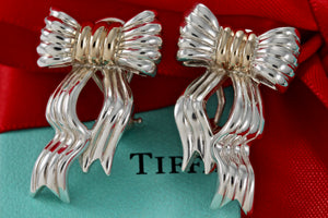 Tiffany & Co. 14K Gold & Silver Large Wavy Bow Ribbon Gold Silver Earrings Vintage