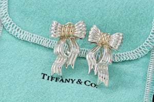 Tiffany & Co. 14K Gold & Silver Large Wavy Bow Ribbon Gold Silver Earrings Vintage