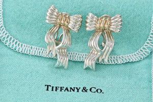 Tiffany & Co. 14K Gold & Silver Large Wavy Bow Ribbon Gold Silver Earrings Vintage