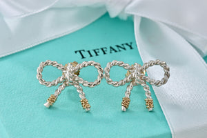 Tiffany & Co. 18K Gold & Silver Twist Rope Coil Ribbon Bow Earrings Vintage