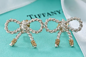 Tiffany & Co. 18K Gold & Silver Twist Rope Coil Ribbon Bow Earrings Vintage