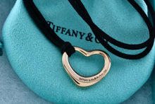 Load image into Gallery viewer, Tiffany &amp; Co. Elsa Peretti 18K Gold Medium Open Heart Necklace on 16&quot; Back Silk Cord
