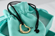 Load image into Gallery viewer, Tiffany &amp; Co. Elsa Peretti 18K Gold Medium Open Heart Necklace on 16&quot; Back Silk Cord
