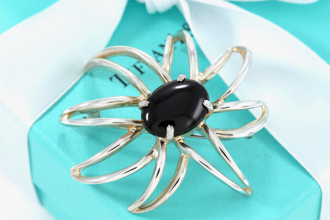 Tiffany & Co. Silver Black Onyx Gemstone Fireworks Spider Flower Pin Brooch