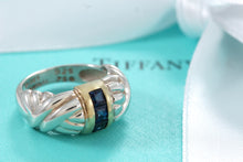 Load image into Gallery viewer, Tiffany &amp; Co. 18K Gold &amp; Silver 3 Stone Blue Sapphire Ring
