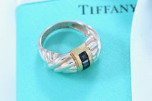 Load image into Gallery viewer, Tiffany &amp; Co. 18K Gold &amp; Silver 3 Stone Blue Sapphire Ring
