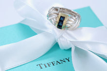 Load image into Gallery viewer, Tiffany &amp; Co. 18K Gold &amp; Silver 3 Stone Blue Sapphire Ring
