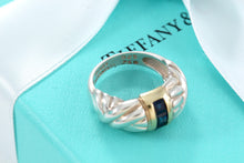 Load image into Gallery viewer, Tiffany &amp; Co. 18K Gold &amp; Silver 3 Stone Blue Sapphire Ring
