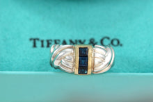 Load image into Gallery viewer, Tiffany &amp; Co. 18K Gold &amp; Silver 3 Stone Blue Sapphire Ring
