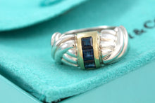 Load image into Gallery viewer, Tiffany &amp; Co. 18K Gold &amp; Silver 3 Stone Blue Sapphire Ring
