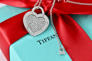 Return To Tiffany & Co. 18Kt. White Gold Diamond Pave "LOVE" Heart Pendant 18" Necklace